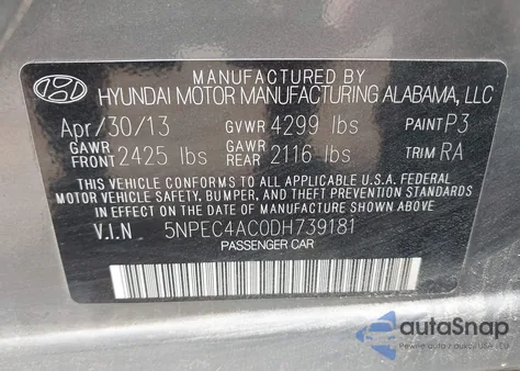 2013 Hyundai Sonata Se из США, поврежденный, VIN 5NPEC4AC0DH739181